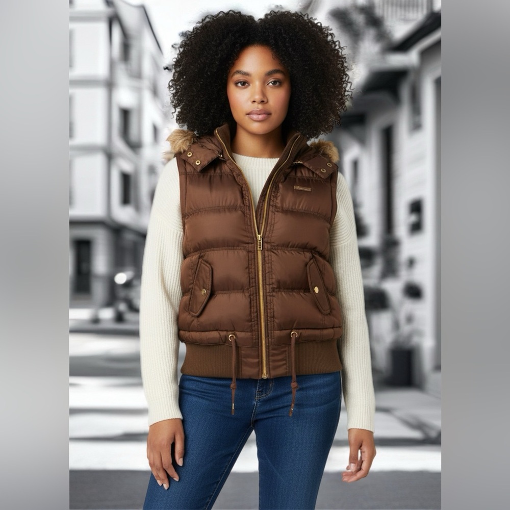 Vintage Southpole Y2K Brown Puffer Vest M Fur Hood Gold Trim Gyaru Streetwear